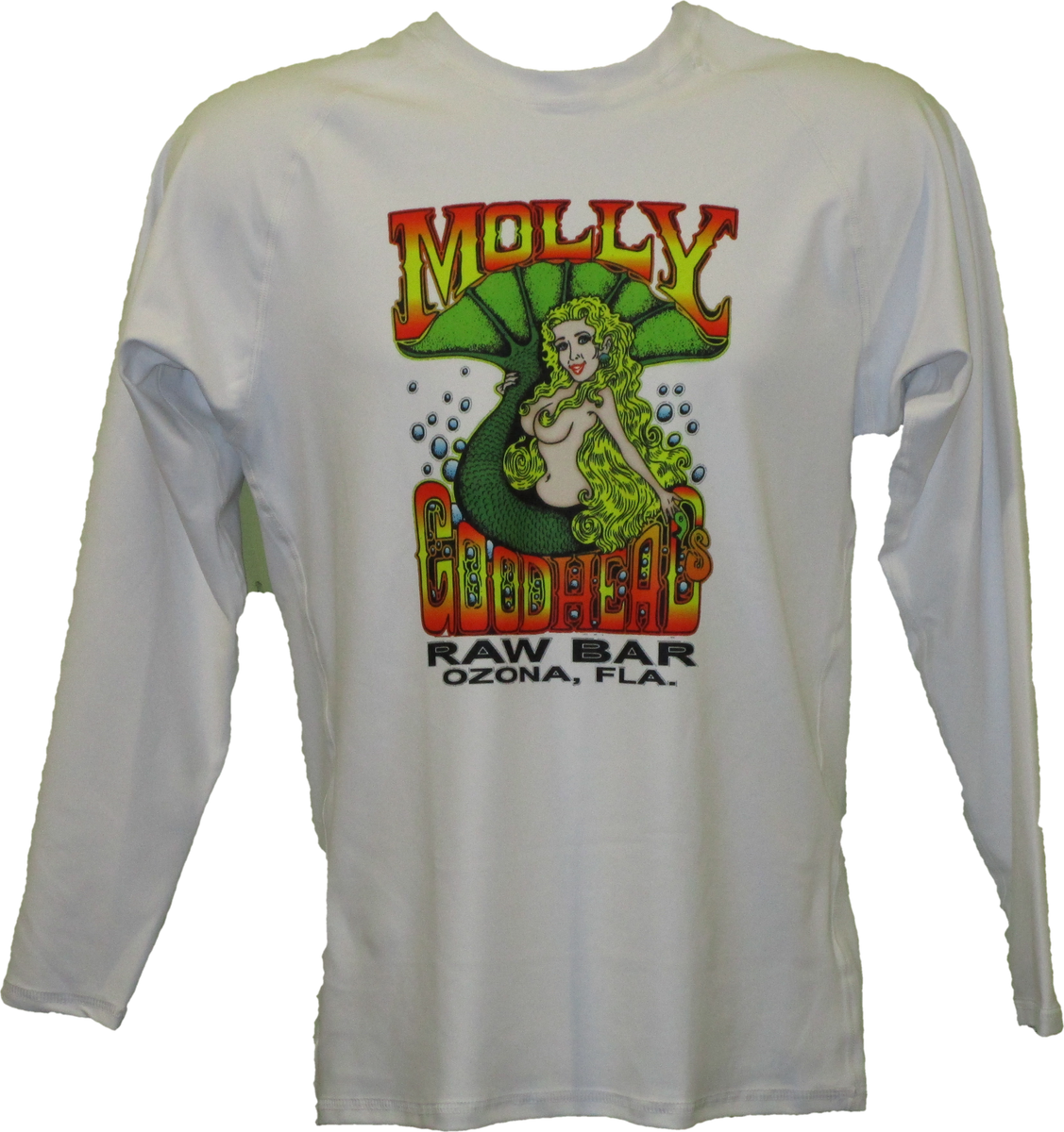 Rash Guard, White Long Sleeved with Large Front Color Logo Molly